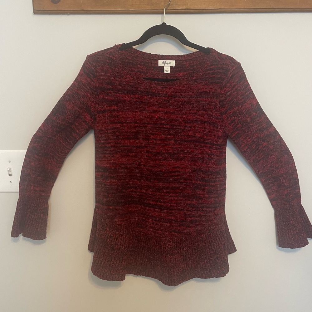 Style & Co. Womens Red Marled Ruffle Hem Bell Sleeve Sweater Size Large Pullover